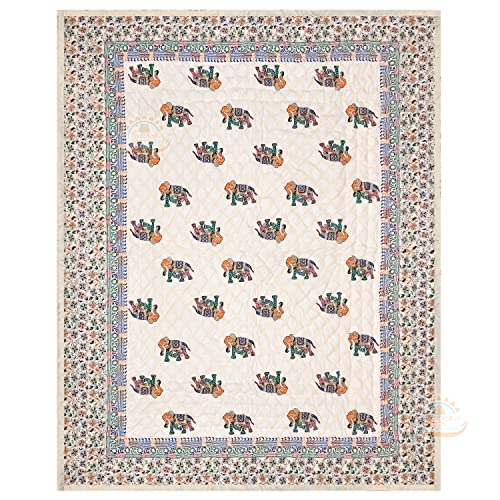 LOARSHY Pure Cotton 400 TC Traditional Rajasthani Hand Block Elephant Printed Jaipuri Quilt/Razai/Rajai [Light Weight, Multicolor, Single Bed - 60x 90 Inches]