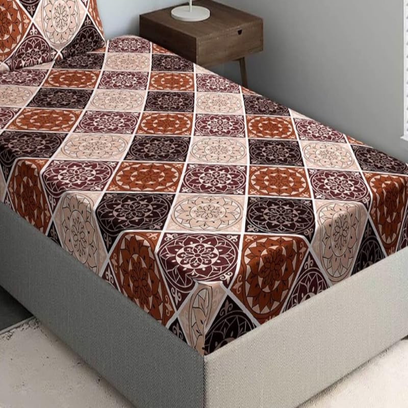 CLICKCART Glace Cotton Prime Collection Ultrasoft Skin Friendly Printed Flat Single Bedsheet with 1 Pillow Cover (60 x 90 Inch) - Brown Rangoli Safari Single2