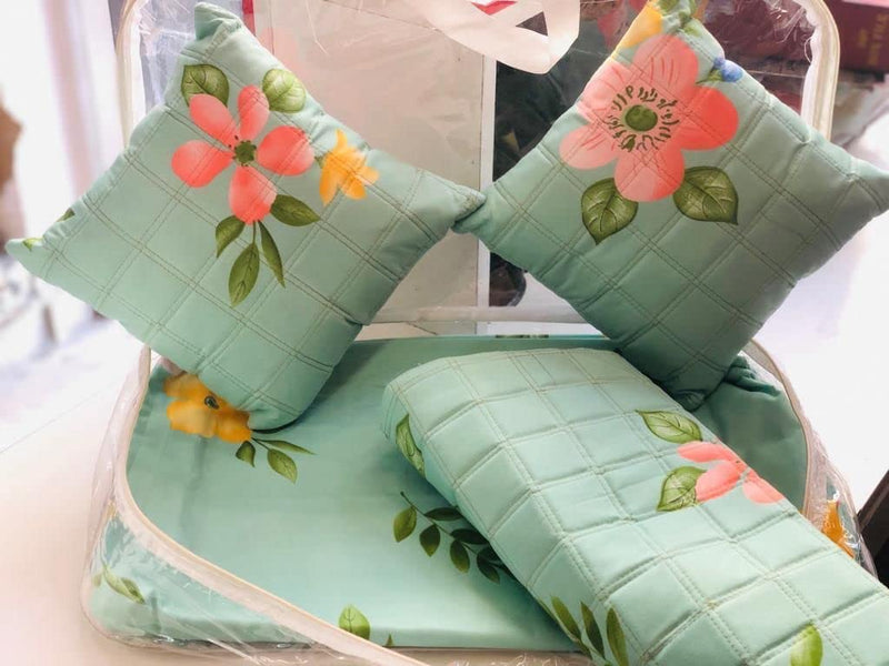 Flower Print Light Green Double Bed Flat bedsheet with 2 Pillow Cover and 2 Cushions with Quilted Cover (5 pcs Set)