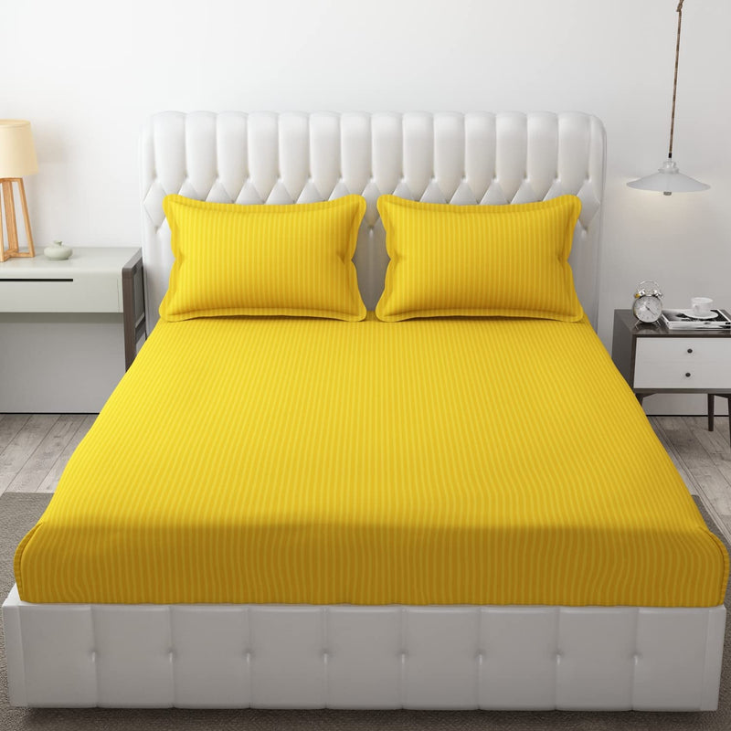 BLISSFUL HOME FURNISHING Cotton Blend Plain Stripe Elastic Fitted King Size Bedsheet With 2 Pillow Cover (90 *100 In Double Bed, Yellow) For 6X6.5 Feet Bed (72X78 In) Which Fits Upto 8 In Matress