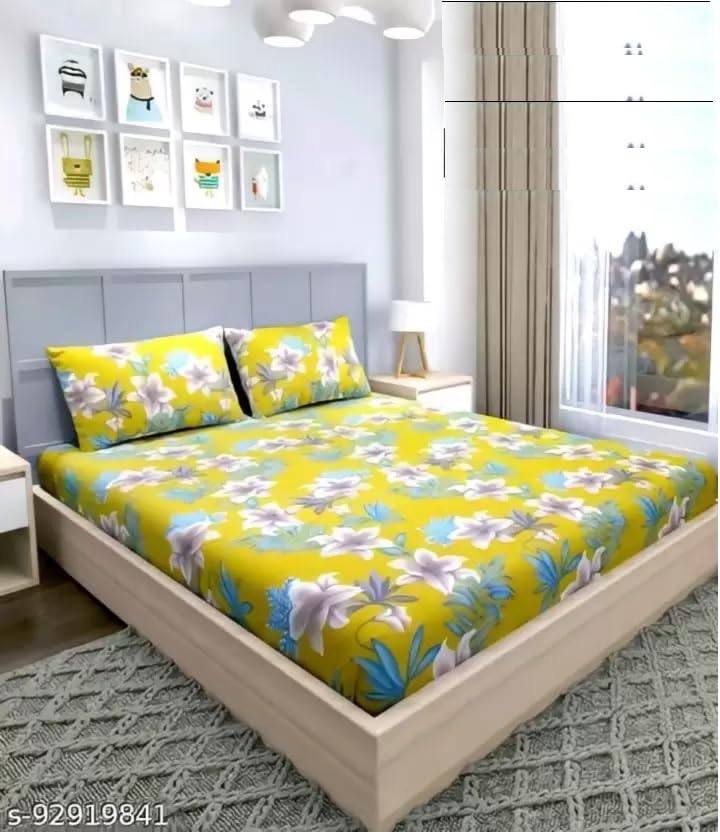 COMFOLUST Cotton Printed King Size Double Bed Elastic Fitted Stripe Bedsheet with 2 Pillow Cover (72x78) Inch (Yellow)