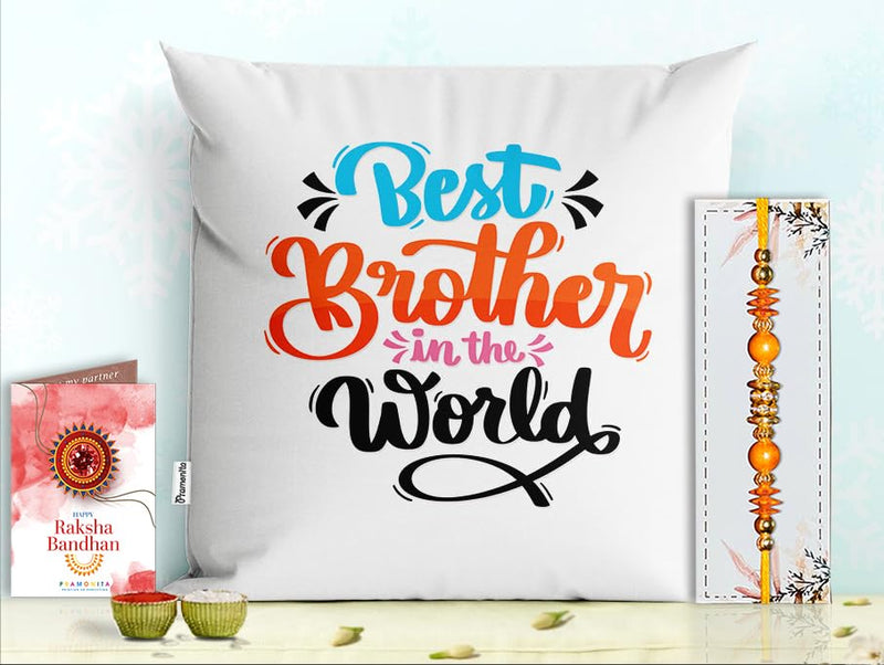 Pillow Rakhi for Brother with Gift - Rakhi with Rakhi Cushion with Filler Greeting Card- Rakhi for Brother, Gifts for Brother, Gifts for Rakhi, Gifts for Rakshabandhan Rakhi Gifts-PF-CU-04