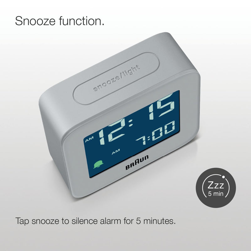 Braun Digital Travel Alarm Clock with Snooze, Compact Size, Negative LCD Display, Quick Set,Crescendo Beep Alarm in Grey, Model BC08G.