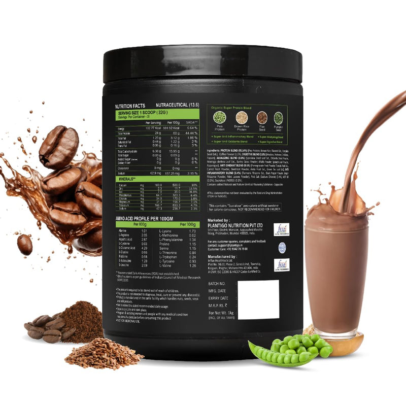 Plantigo Clean Plant Protein Powder | No Preservatives, No Banned Substances |Super Protein Blend- Pea, Brown Rice, Flax | Vegan Protein - Men, Women (Cappuccino - Original Bitter Coffee Taste - 1 Kg)