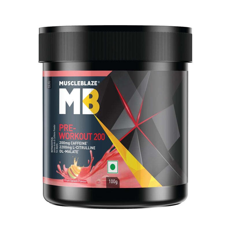 MuscleBlaze Pre Workout 200, 200mg Caffeine, 2200mg Citrulline (Fruit Splash, Pack of 100g Powder, 20 servings)