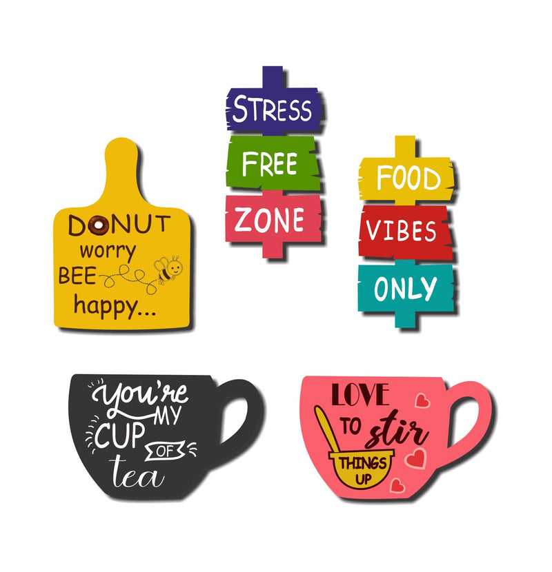 Asmi Collections Printed MDF Wooden Tea Food Quotes Funny & Intellectual Fridge Magnets - Set of 5