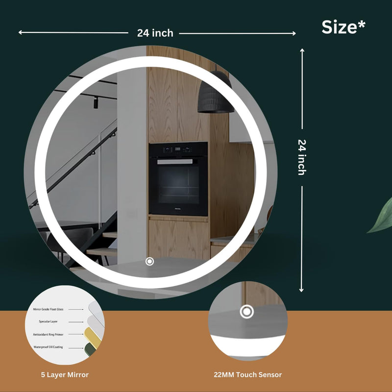 Sunsyze Led Mirror 24"/24" Round Touch Sensor Mirror for makup and Grooming Bathroom wash Basin Vanity Lighted Mirror Backlit (3in1 Round, Wall Mount, Unframed)