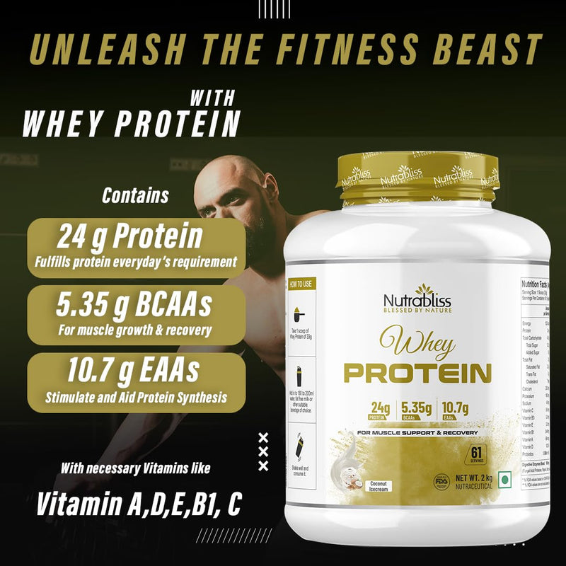 Nutrabliss Premium Pure Whey Protein Concentrated blended with digestive enzymes and probiotics | 100% tested and guaranteed Whey Protein - 24 Gram Protein per serving (Coconut Ice Cream, 2 Kg)