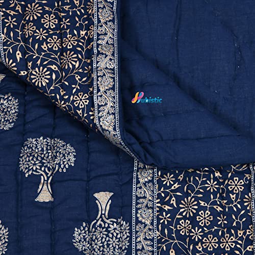 WOODSY Jaipuri Razai Rajasthani Traditional Soft Light Weight Pure Cotton Winter and Summer Rajai Ac Quilt Razai/Rajai/Quilt/Blanket/Dohar/Comforter (Double Bed, Blue Tree Golden)