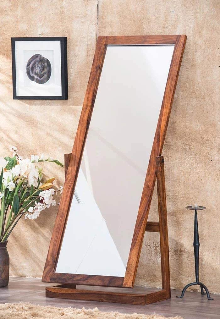 BALAJI FURNITURE 5.5 Feet Full Length Floor Cheval Mirror with Rotating Stand, Wooden Space Saving Tall Dressing Big Display Mirror for home, Solid Wood, Honey Finish, Rectangular, framed