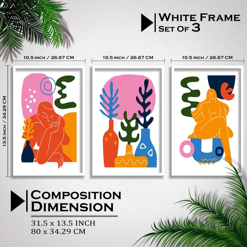 SAF paintings Set of 3 Abstract ladies Boho modern art design Premium white Framed Bohemian wall painting for for Wall, Home and Living Room Decoration 80 cms x 34.29 cms COMBO-2228-K3