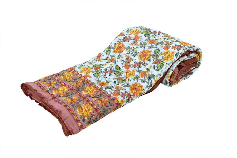 Namaste India Pure Cotton Jaipuri razai rajai Traditional sanganeri Print Single Bed Quilt Blanket (Orange)