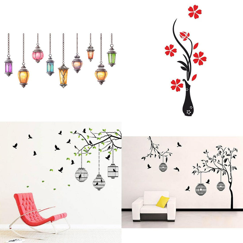 Merical Set of 4 Hanging Lamp, Flower Vase Red, Flying Birds & case, Free Bird case Black, Wall Sticker for Wall D�cor, Living Room, Children Room