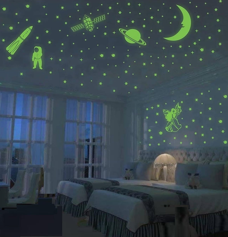 HAPPINY Vinyl Fluorescent Night Glow in The Dark Star Space Wall Sticker (Pack of 134 Big and Small Stars, Moon, Spaceship, Fairy, Astronaut, Satellite, Saturn Planet, Green)