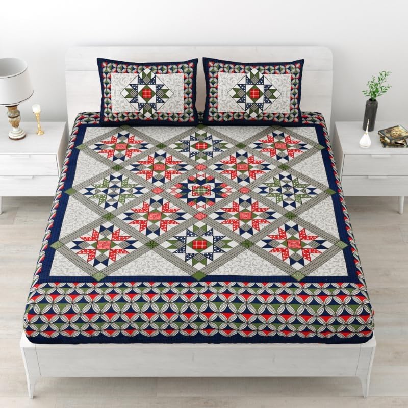 the youth spirit Cotton Double Bedsheet with 2 Pillow Cover Jaipuri/Rajasthani Printed Bedsheet,90 * 100,Blue Triangle