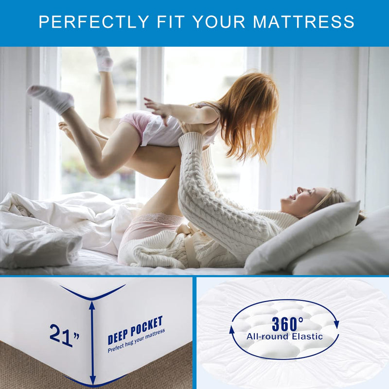 Twin XL Quilted Fitted Waterproof Mattress Pad, Premium Filling Mattress Cover, Breathable, Quiet, Cooling, Hypoallergenic, Machine-Washable Mattress Protector, Deep Pocket, Vinyl Free