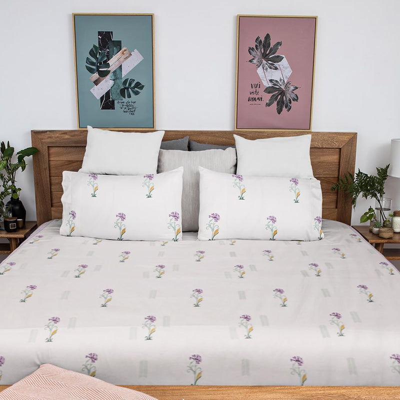 Baarno Saba Handblock Print Bedsheet with 2 Pillow Covers Percale Cotton | 220 TC | Double bedsheet (90 * 108inches) | Color - White