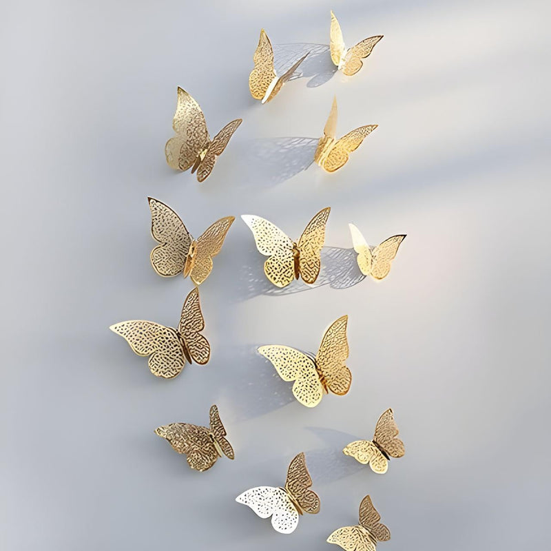 Adbee 12 pcs 3D Home Decor Butterfly with Sticking Pad Metallic Butterfly Decoration Party Event Wall Sticker (Golden)