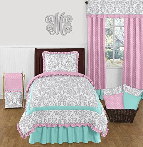 Skylar Luxury Turquoise Blue, Pink Polka Dot and Gray Damask 4 Piece Girls Twin Bedding Set