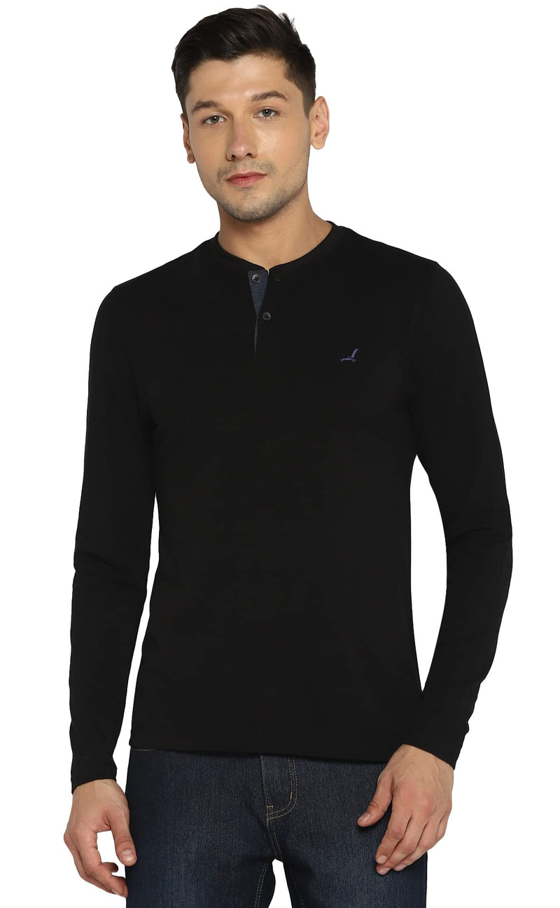 AMERICAN CREW Henley Full Sleeves Black Regular Fit T-Shirt For Men (Ac502_Black_Xl)