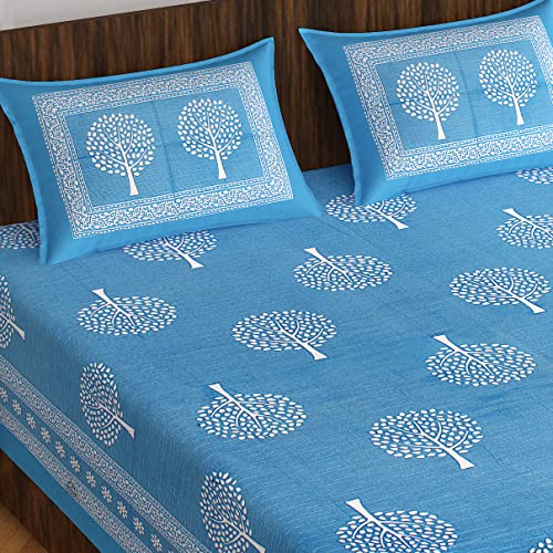 The Trendy Mart Cotton Double Bedsheet Jaipuri/Sanganeri Printed Bedsheets with Pillow Cover, Blue Tree