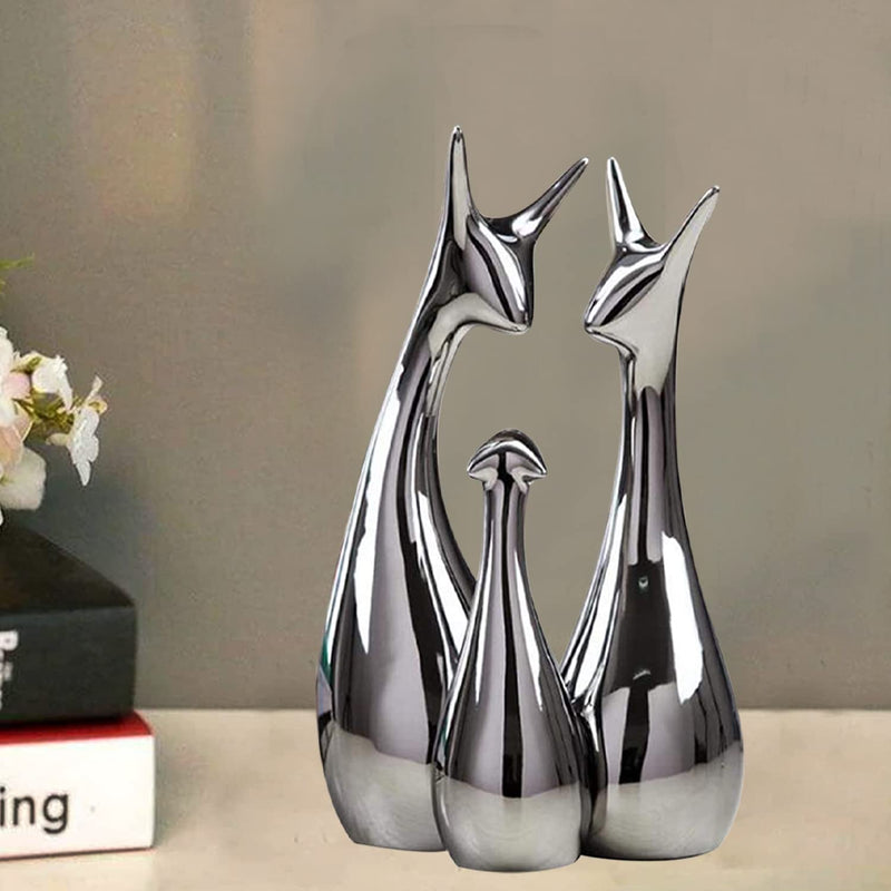 Xtore® Home Decor Lucky Silver Deer Statue Family Piano Finish Ceramic Figures - (Set of 3, Silver Set)