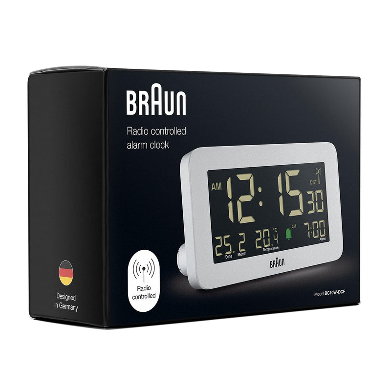 Braun Digital Alarm Clock with Date, Month and Temperature Displayed, Negative LCD Display, Quick Set, Crescendo Beep Alarm in White, Model BC10W.