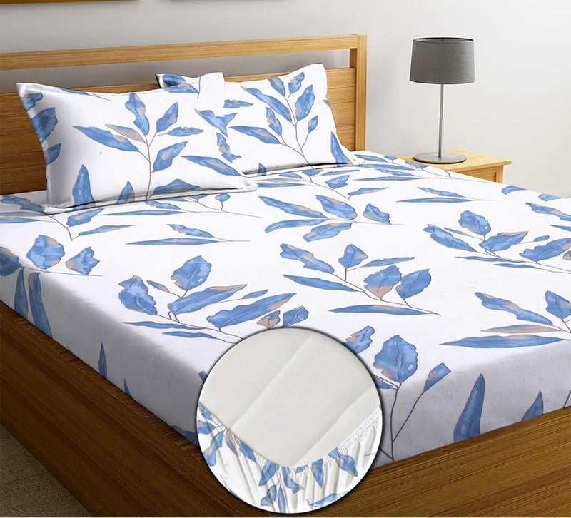 TARAIN COLLECTION Cotton Perfect Fitted Bedsheets with 2 Pillow Covers King Size Double Bed with All Around Elastic 180 TC Size-78" x 72" +10" (Multicolour, White Blue Leaf Printed)