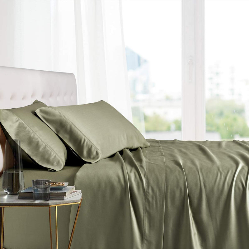 Queen, Sage : Queen Sage Silky Soft Bed Sheets 100% Rayon from Bamboo Sheet Set