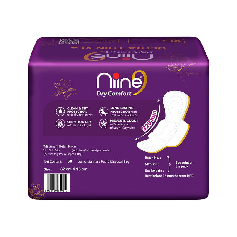 NIINE Dry Comfort Ultra Thin XL+ Sanitary Napkins for Heavy Flow (Pack of 1) 50 Pads with Free Biodegradable disposable bags