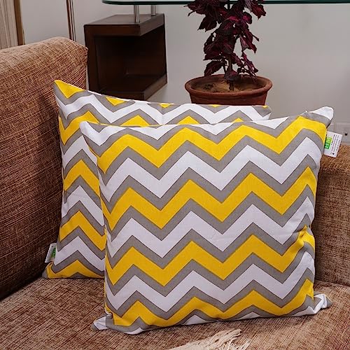 HOMEMONDE Throw Cushion Covers Premium Cotton Square Pillow Cover Printed Pillowcases Set Of 2 (Yellow Chevron, 16 X 16 Inches), 120 TC