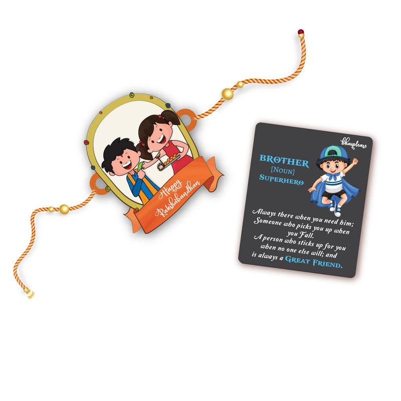 Bhai Please Happy Rakshabandhan Wooden Rakhi with Brother is Superhero Fridge Magnet (Gift Combo for Bhai / Bhaiya) | Set of 1 pc Rakhi with Roli- Chawal and Fridge Magnet