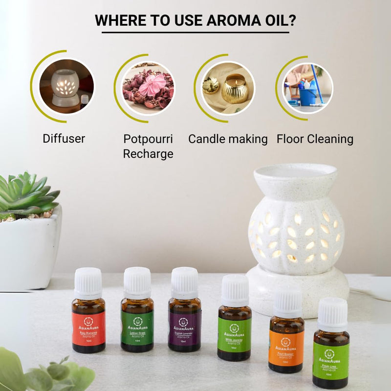 ASIAN AURA Ceramic Aroma Diffuser Oil Set - English Lavender, Rosy Romance, Fruit Basket, Fresh Lime, White Jasmine, Lemon Grass (10ml Each) Pack of 6| Home Fragrance & Aromatherapy | Meditation/Yoga