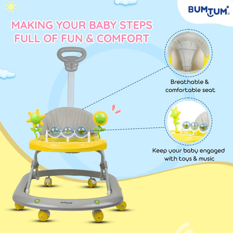 BUMTUM Baby Walker for 6 to 48 Months with Parent Handle Rod| Foldable Activity Walker| Baby Grey Caterpillar Walker