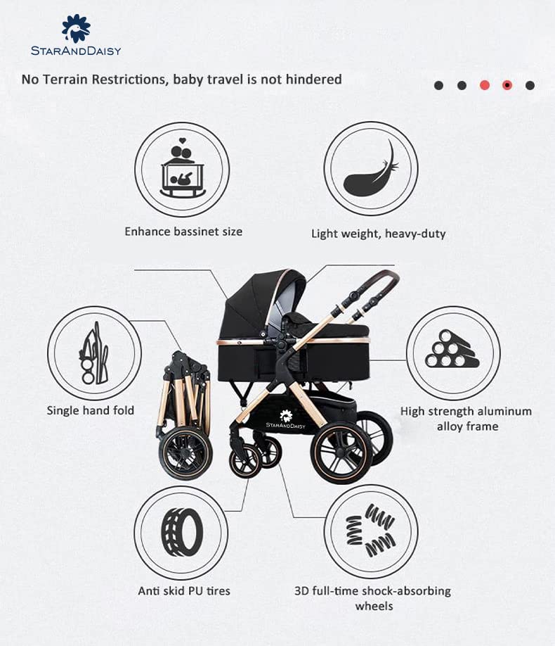 StarAndDaisy Baby Strollers / Pram for 0 to 5 Years Girl & Boy with Foldable Design, Luxury Look, Shock Absorber Large Wheel, Easy to Convertible Seat and Sleep Mode Reversible Bassinet, 5 Point Safety Belt, Washable Fabric - (Black with Golden Tubes)