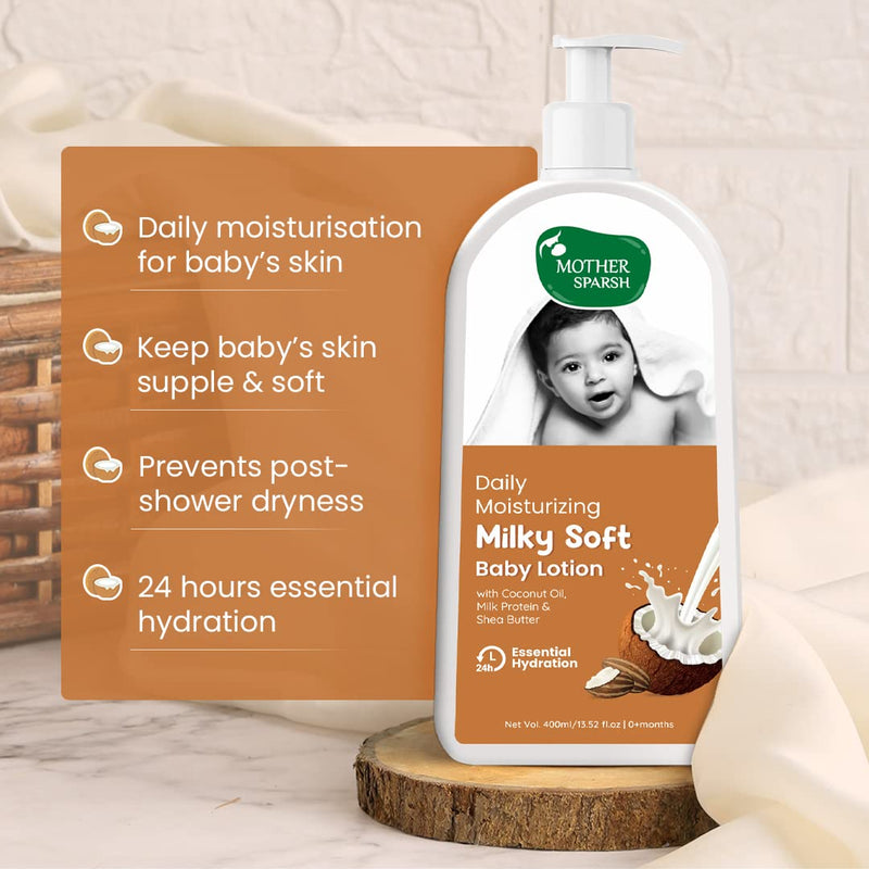 Mother Sparsh Milky Soft Baby Lotion - 400ml |With Milk Protein, Coconut Oil & Shea Butter | For 24Hrs Moisturization