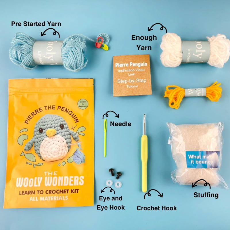 Wolly Wonders Wool Yarn Diy Beginners Amigurmi Crochet Kit With All Material Set With Step-By-Step Video Instrcution For Kids, Adults, Women- Blue