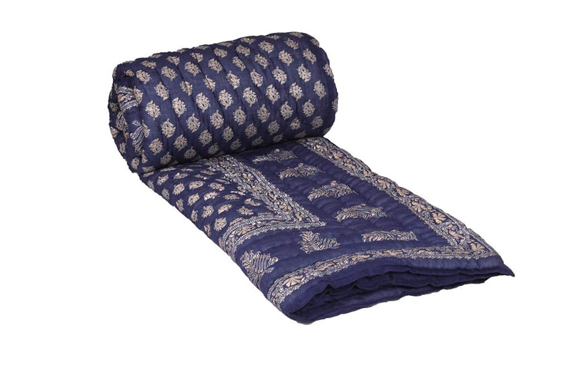 Namaste India Cotton Jaipuri Print Double Bed Quilt -Blue