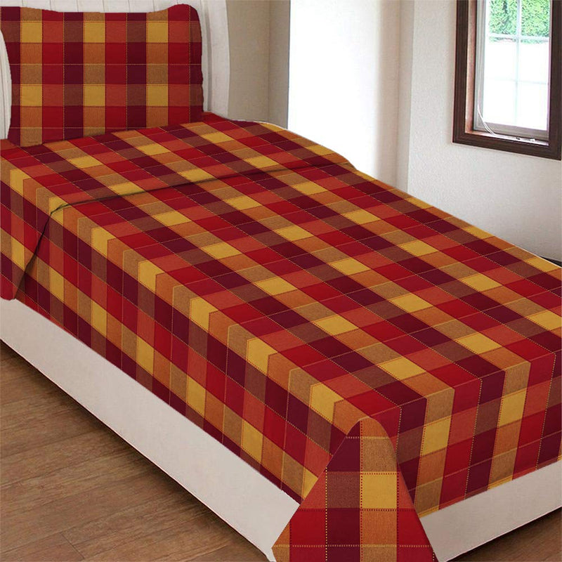 AIRWILL Cotton Self Designed Checks 200 GSM Single Bedsheet with 1 Pillow Cover (Red, Pack of 1 Set)