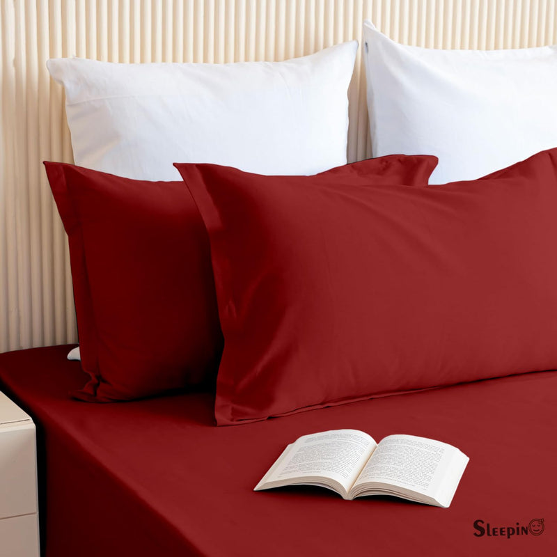 SLEEPINO - Soft Finish Cotton Feel Elastic Fitted Bedsheet Single Bed (36" x 78"+ 8") inches with Pillow Cover | Machine Washable Single Bed Elastic Fitted Bedsheet Single Bed | Burgundy