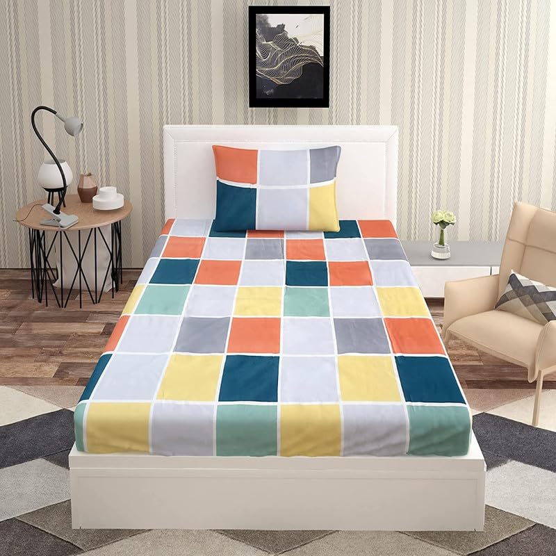 Delight Zone Prime Collection 160 TC Glace Cotton Supersoft Single Bedsheet with 1 Matching Pillow Cover (Multicolour, Size 60 x 90 Inch) - Coloured Checks 3 - Gold Single