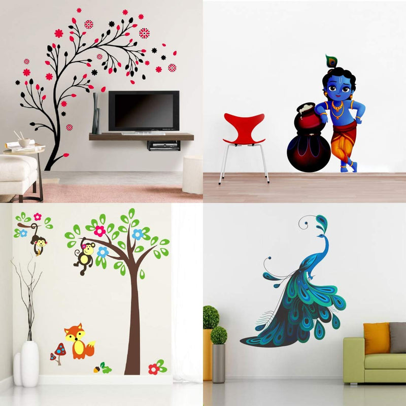 Walltech Combo of 4 Wall Sticker Magical Tree-(150 x 150 cms) | makhanchor-(60 x 40 cms) | Modern Peacock-(90 x 75 cms) | Monkey Hanging on Tree-(120 x 120 cms) - Material Vinyl