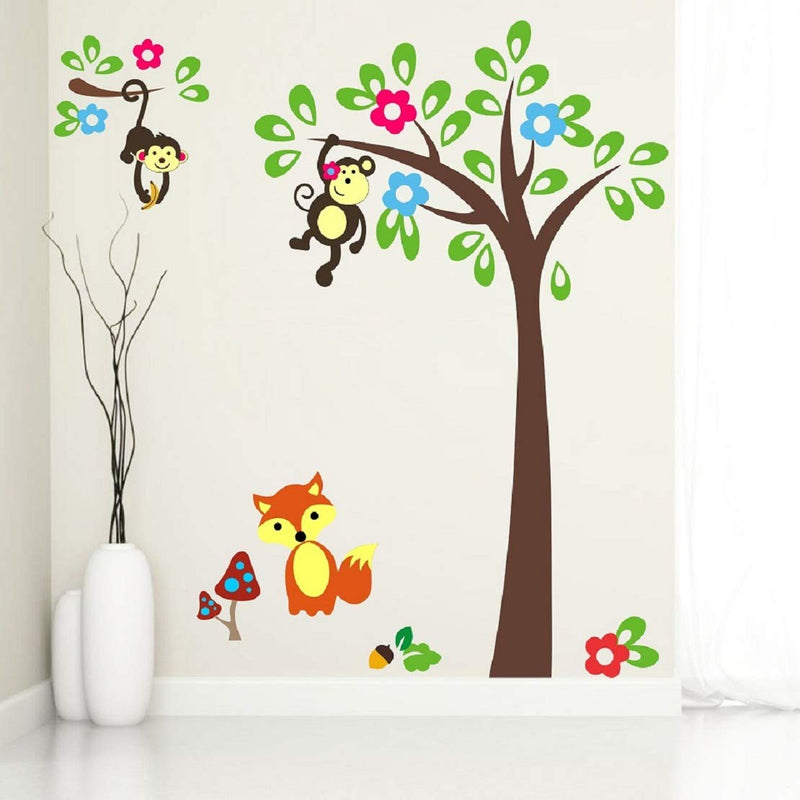 Walltech Combo of 4 Wall Sticker Magical Tree-(150 x 150 cms) | makhanchor-(60 x 40 cms) | Modern Peacock-(90 x 75 cms) | Monkey Hanging on Tree-(120 x 120 cms) - Material Vinyl