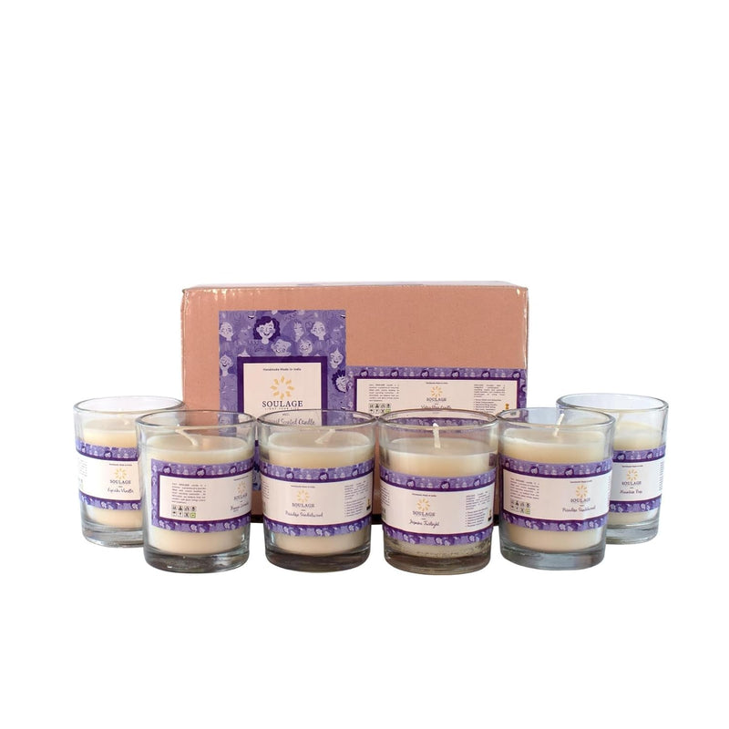 SOULAGE Premium Patchouli Scented Votive Jar Candle| Luxury Aromatherapy| Hand Crafted| Natural Soy Wax Candles| Non Toxic| Smokeless & Dripless| Anti Mosquito| Set of 6|