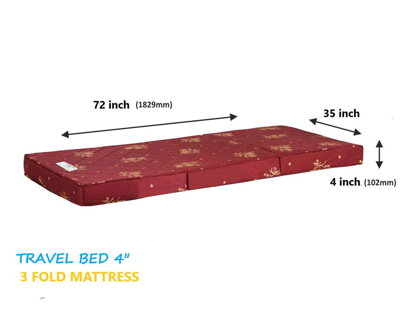 activa Travel Bed 3-Fold 4-inch PU Foam Single Bed Orthopedic Folding Mattress (Maroon, 72x35x4) | ISO Certified Company | Lightweight and Portable Mattress