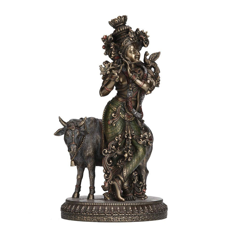 Veronese Design 10.5 Inch Hindu God Krishna and The Holy Cow Antique Bronze Finish Sculpture Figurine