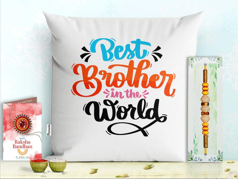 Pillow Rakhi for Brother with Gift - Rakhi with Rakhi Cushion with Filler Greeting Card- Rakhi for Brother, Gifts for Brother, Gifts for Rakhi, Gifts for Rakshabandhan Rakhi Gifts-PA-CU-04