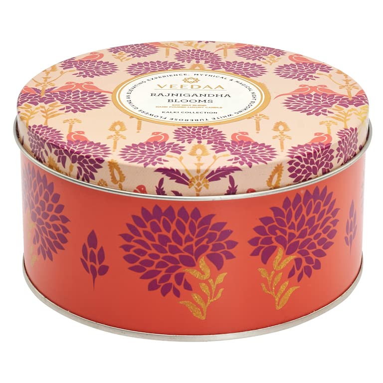 VEEDAA Soy Wax Blend, Essential Oils Rajnigandha Blooms 3 Wick Metallic Tin Soy Scented Candle (Burns 40 Hours)