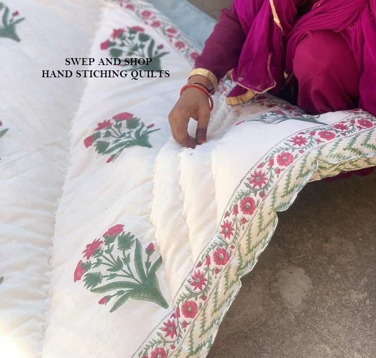 SIBLEY Cotton Single Traditional Famous Beautiful Floral Print in Peach Jaipuri Rajai/Hand Stitched Quilt/Single Bed Quilt/AC Quilt/AC Comforter Cotton Lightweight (Size- 55X85, Pack of 1