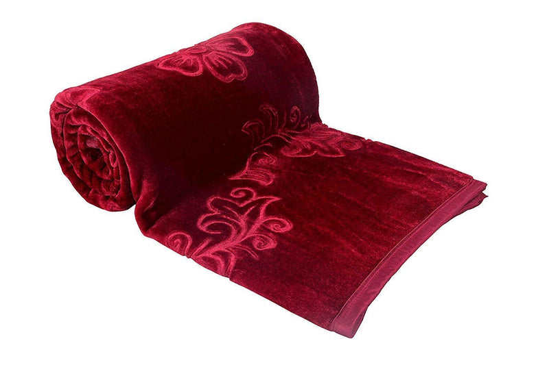 J SHREE Polycotton fabric Ultra Soft Luxurious Embossed Very Warm Korean Mink Blanket Double Bed for Winter - Maroon (85 x 100 Inches)